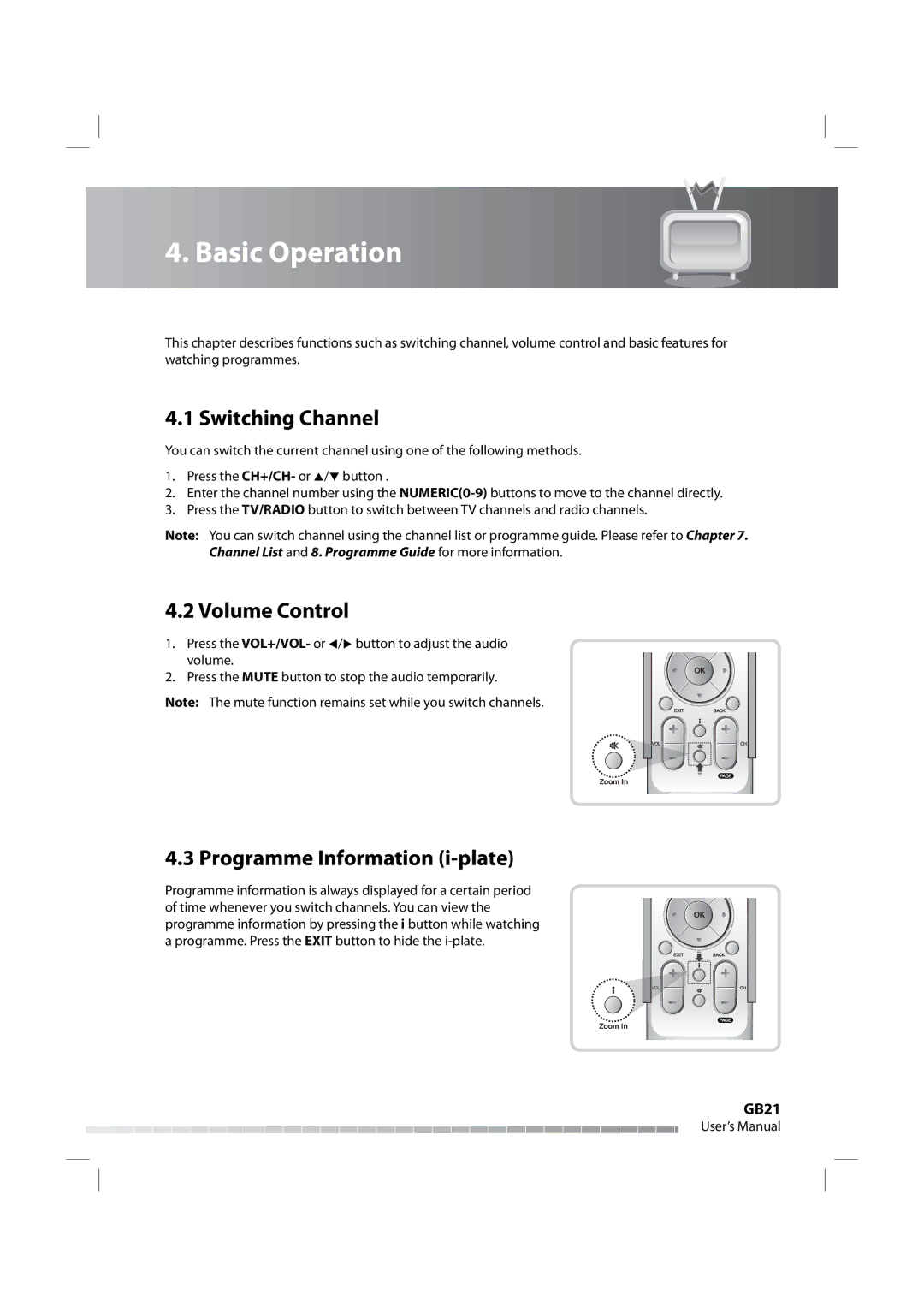 Humax iPVR-9200C manual Basic Operation, Switching Channel, Volume Control, Programme Information i-plate, GB21 