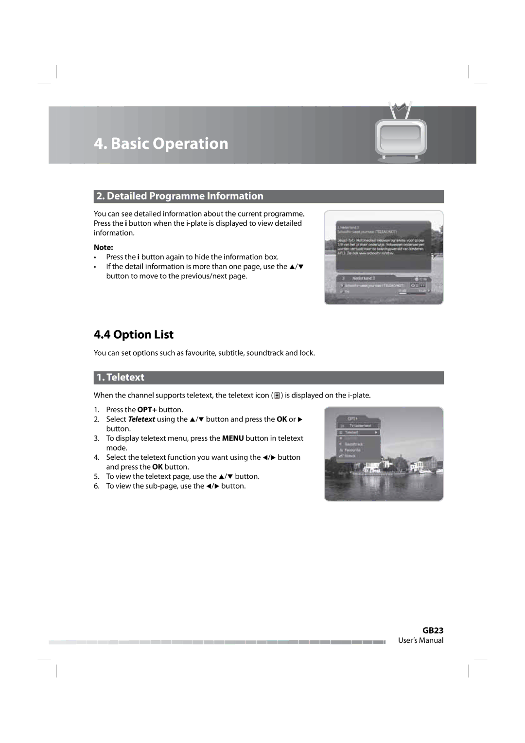 Humax iPVR-9200C manual Option List, Detailed Programme Information, Teletext, GB23 