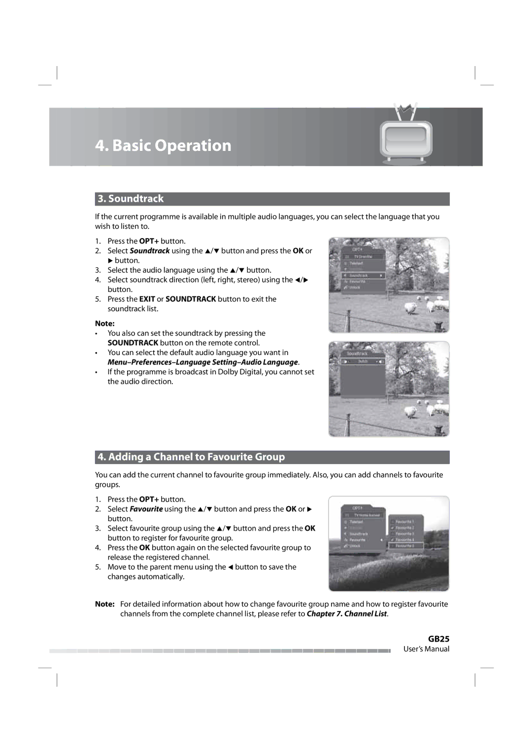 Humax iPVR-9200C manual Soundtrack, Adding a Channel to Favourite Group, GB25 