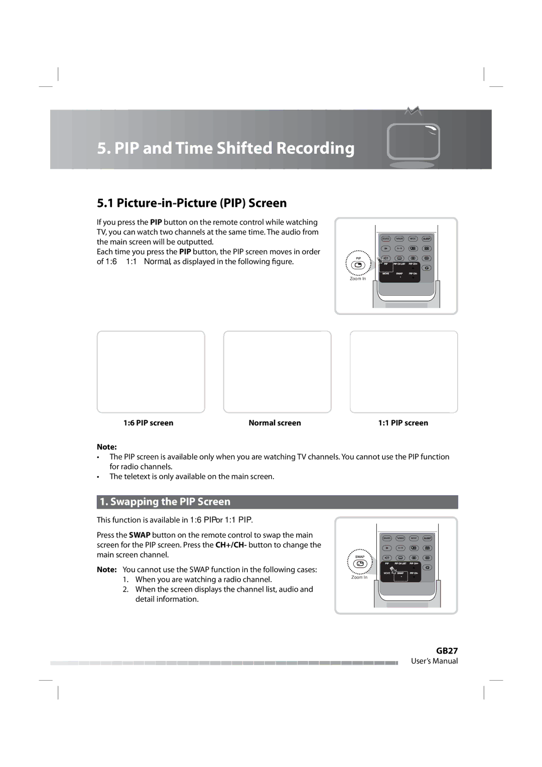 Humax iPVR-9200C manual PIP and Time Shifted Recording, Picture-in-Picture PIP Screen, Swapping the PIP Screen, GB27 