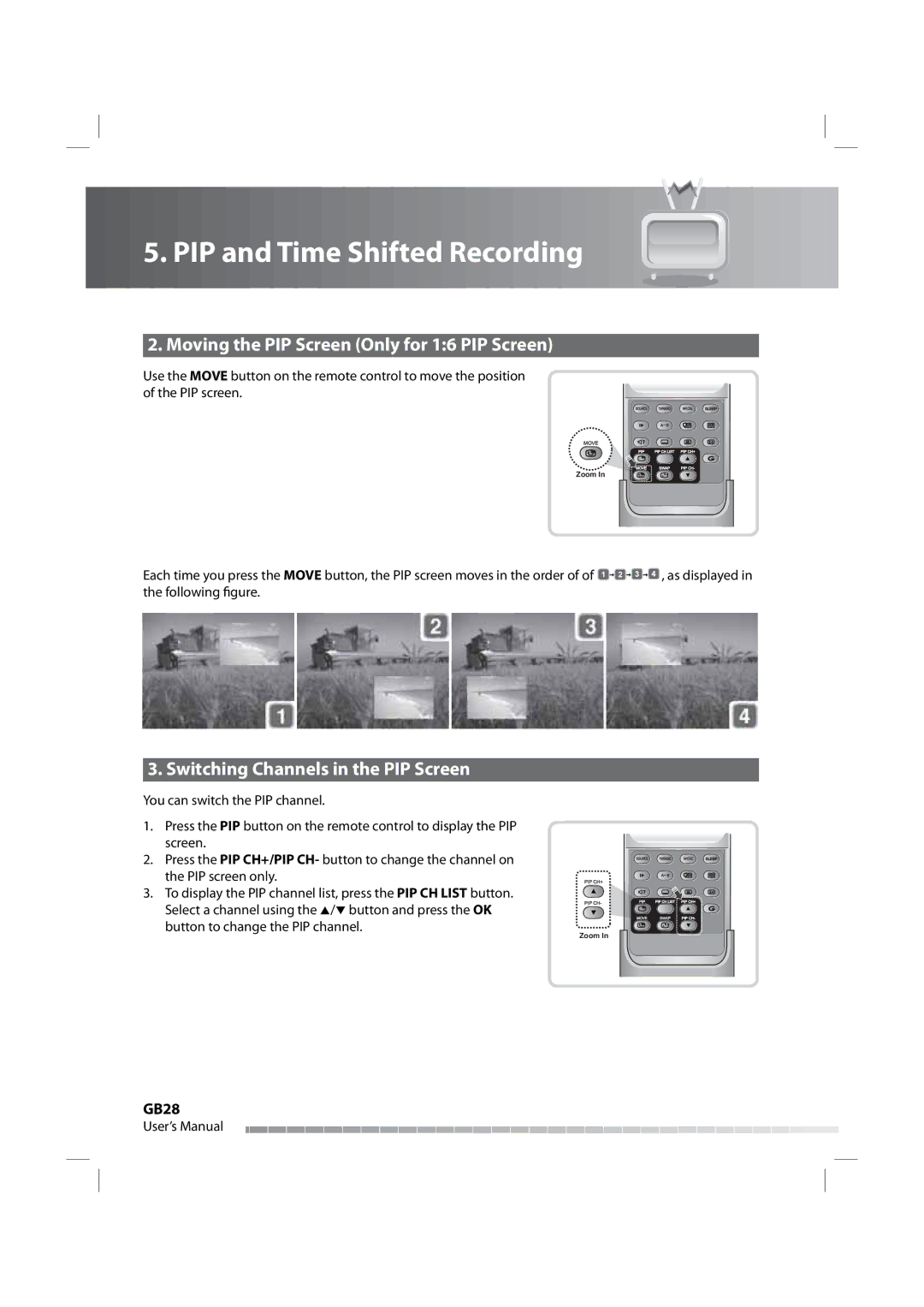 Humax iPVR-9200C manual Moving the PIP Screen Only for 16 PIP Screen, Switching Channels in the PIP Screen, GB28 