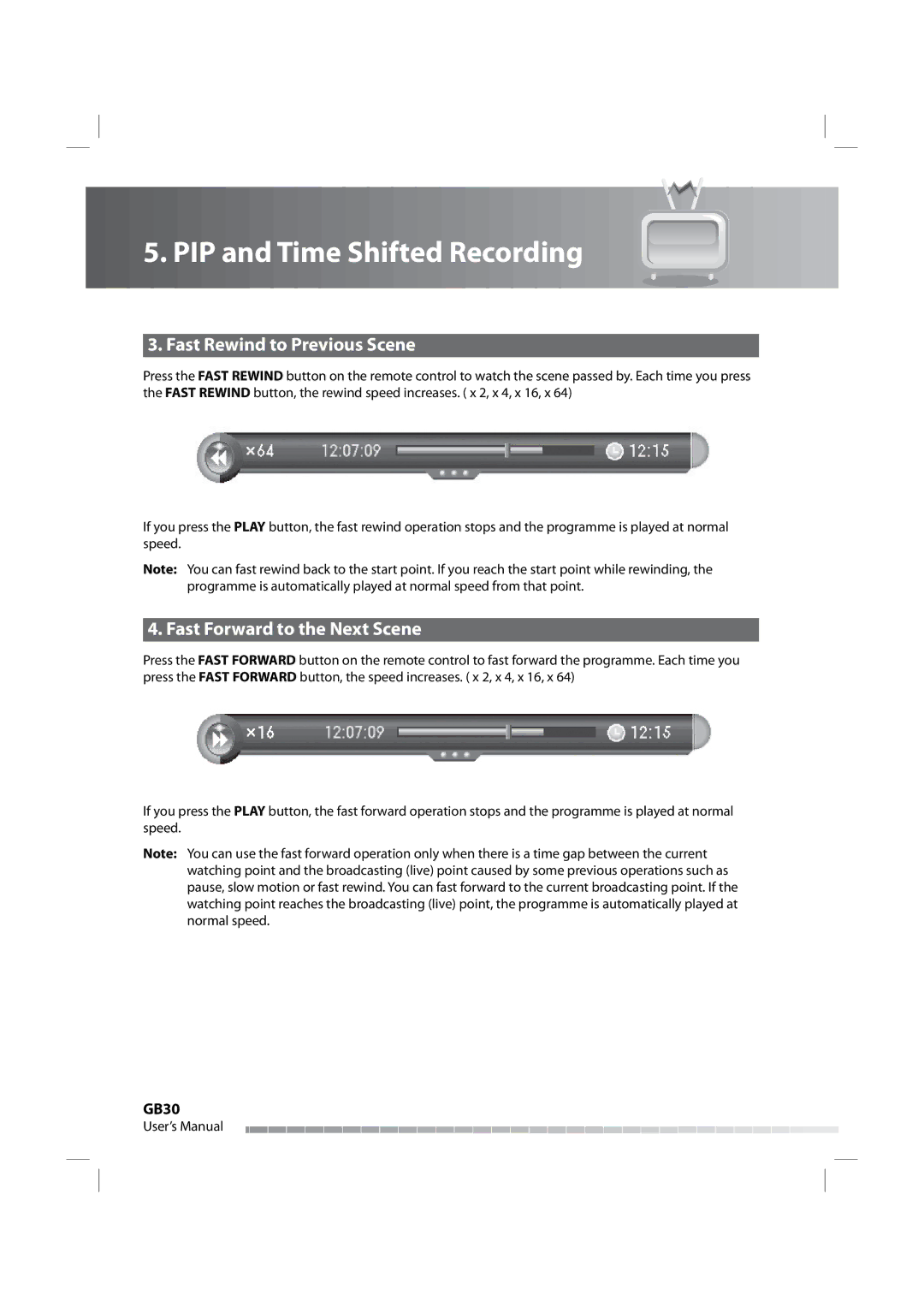 Humax iPVR-9200C manual Fast Rewind to Previous Scene, Fast Forward to the Next Scene, GB30 