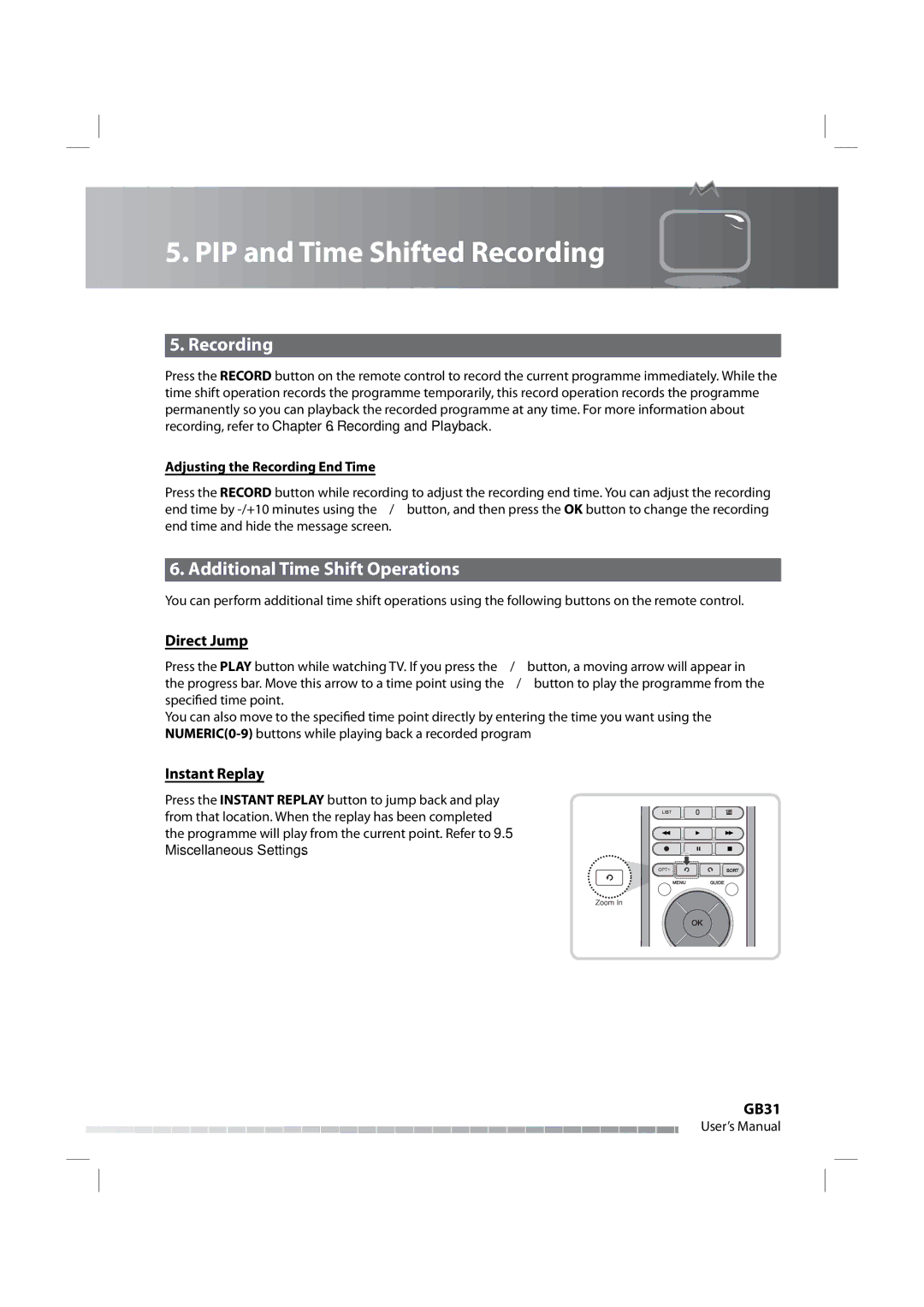 Humax iPVR-9200C manual Recording, Additional Time Shift Operations, Direct Jump, Instant Replay, GB31 