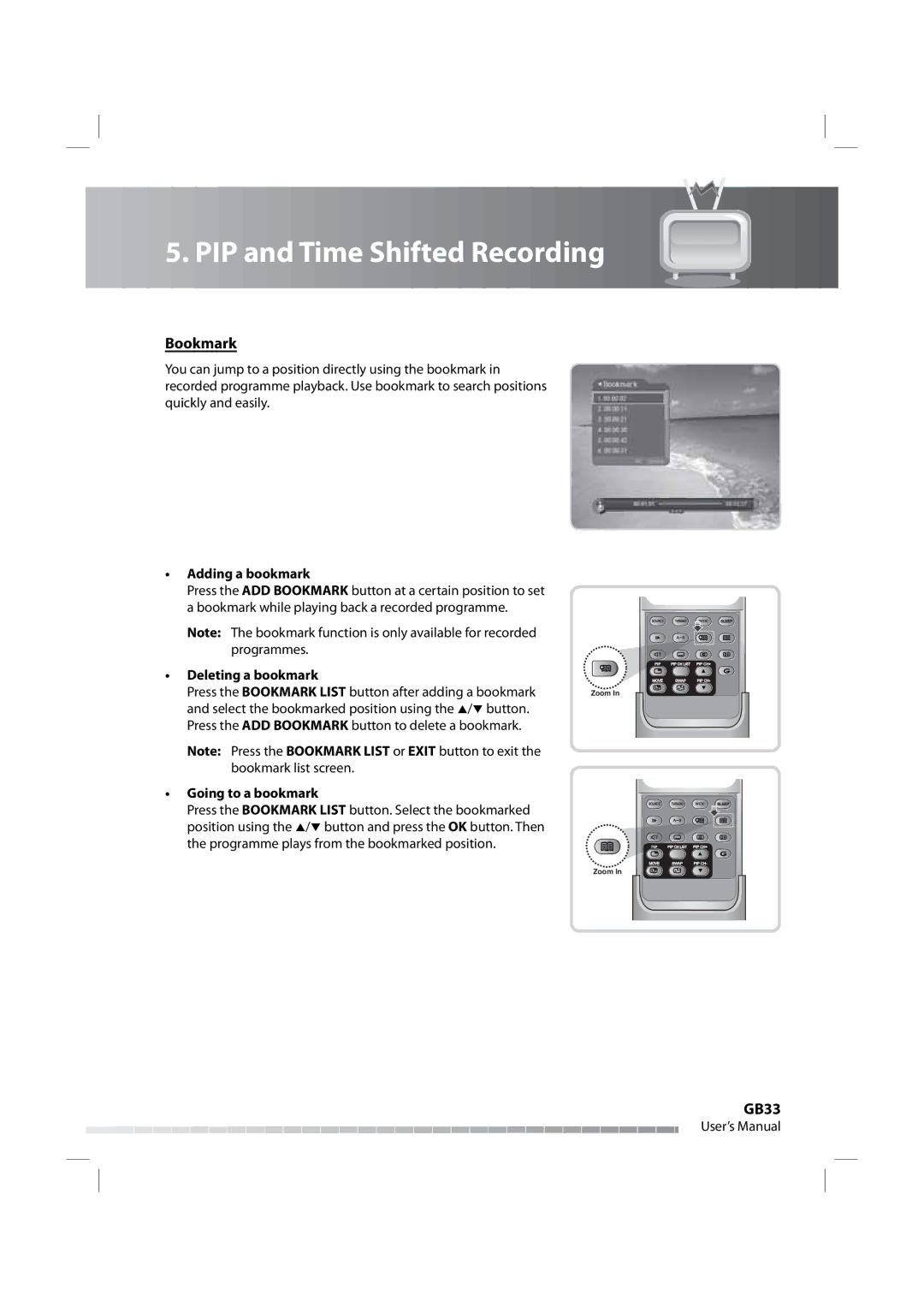 Humax iPVR-9200C manual Bookmark, GB33, Adding a bookmark, Deleting a bookmark, Going to a bookmark 