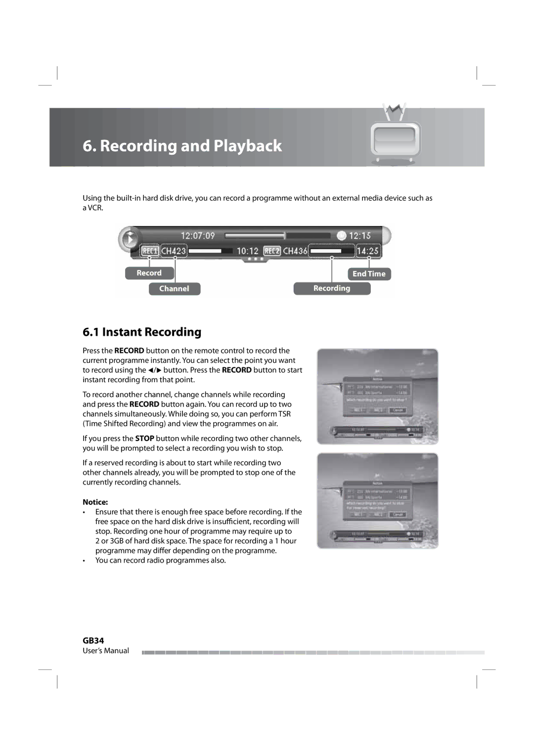 Humax iPVR-9200C manual Recording and Playback, Instant Recording, GB34 