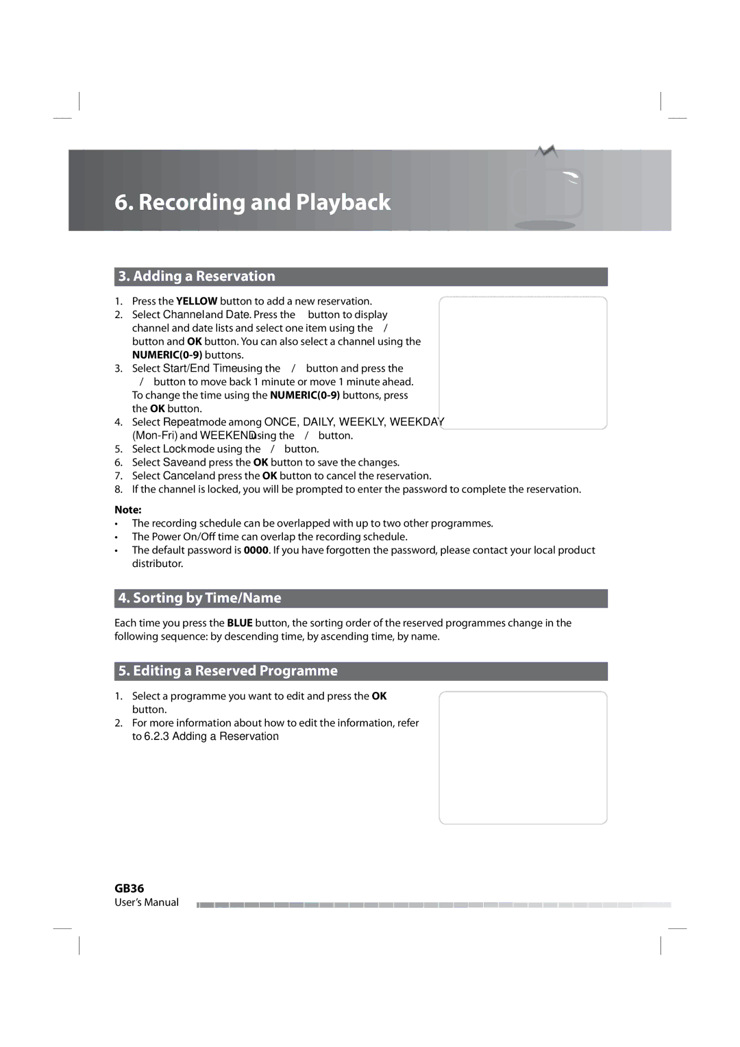 Humax iPVR-9200C manual Adding a Reservation, Sorting by Time/Name, Editing a Reserved Programme, GB36 