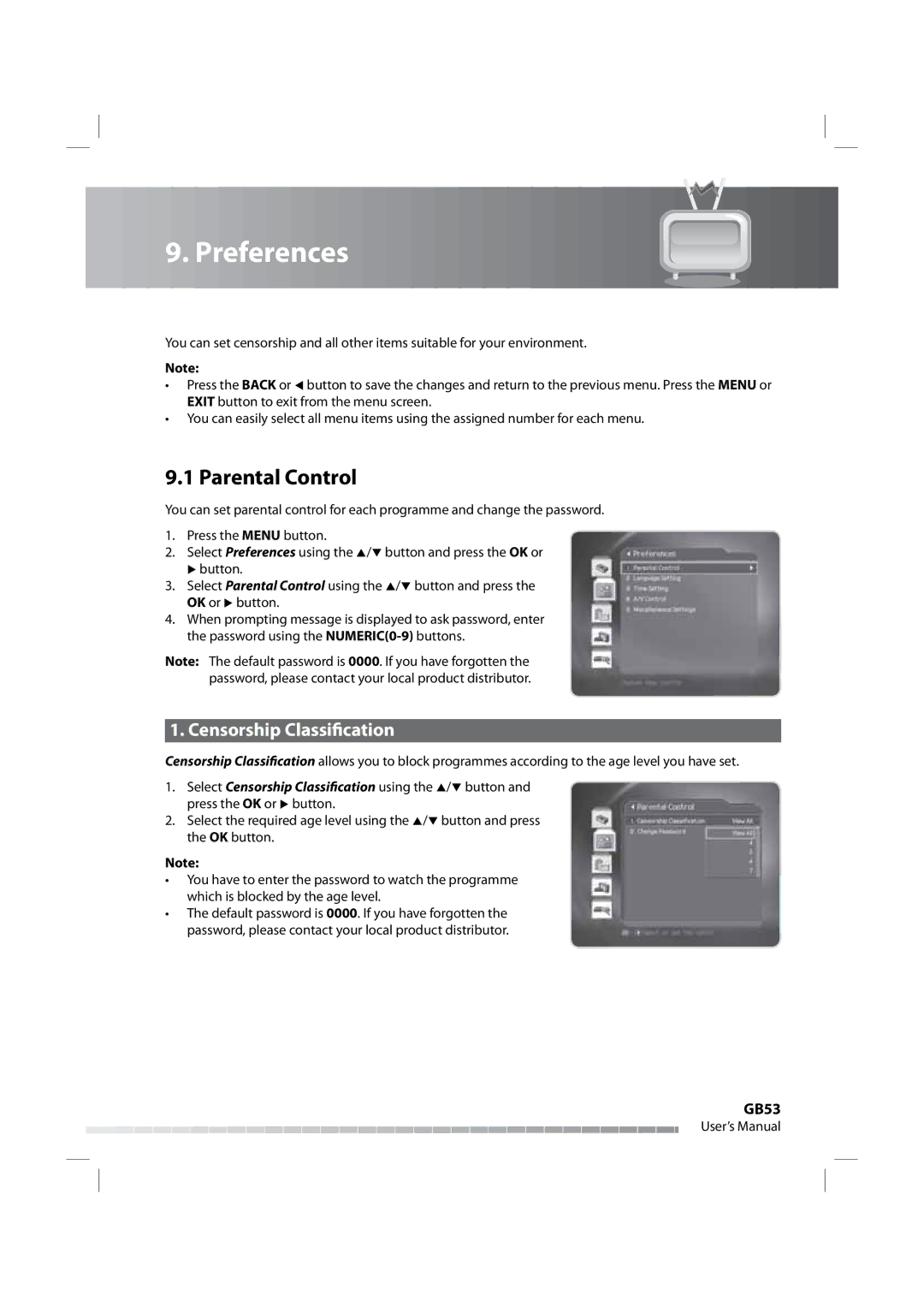 Humax iPVR-9200C manual Preferences, Parental Control, Censorship Classification, GB53 