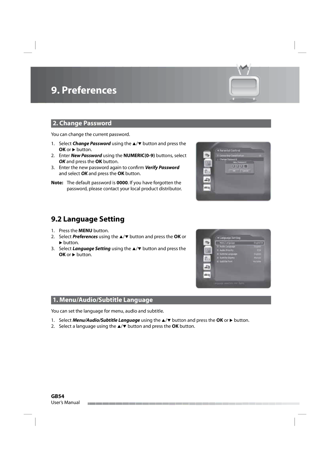 Humax iPVR-9200C manual Language Setting, Change Password, Menu/Audio/Subtitle Language, GB54 