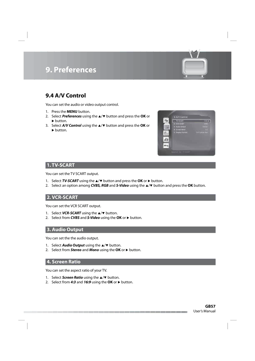 Humax iPVR-9200C manual A/V Control, Audio Output, Screen Ratio, GB57 