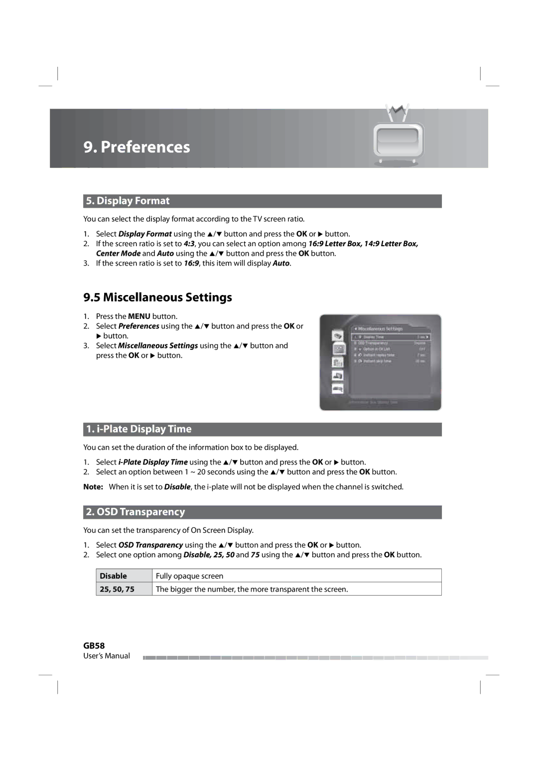 Humax iPVR-9200C manual Miscellaneous Settings, Display Format, Plate Display Time, OSD Transparency, GB58 