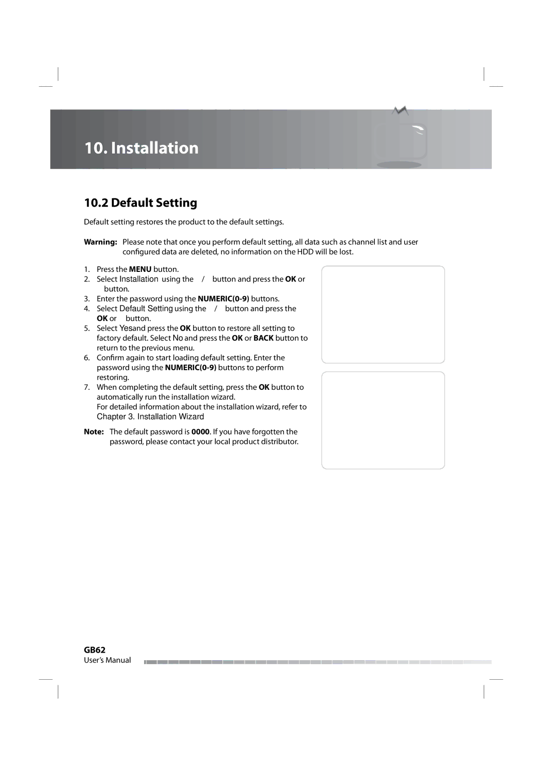 Humax iPVR-9200C manual Default Setting, GB62 