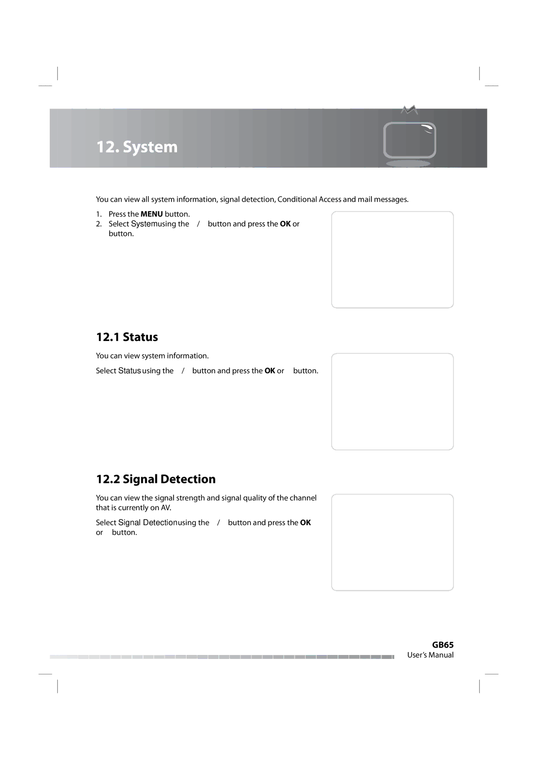 Humax iPVR-9200C manual System, Status, Signal Detection, GB65 