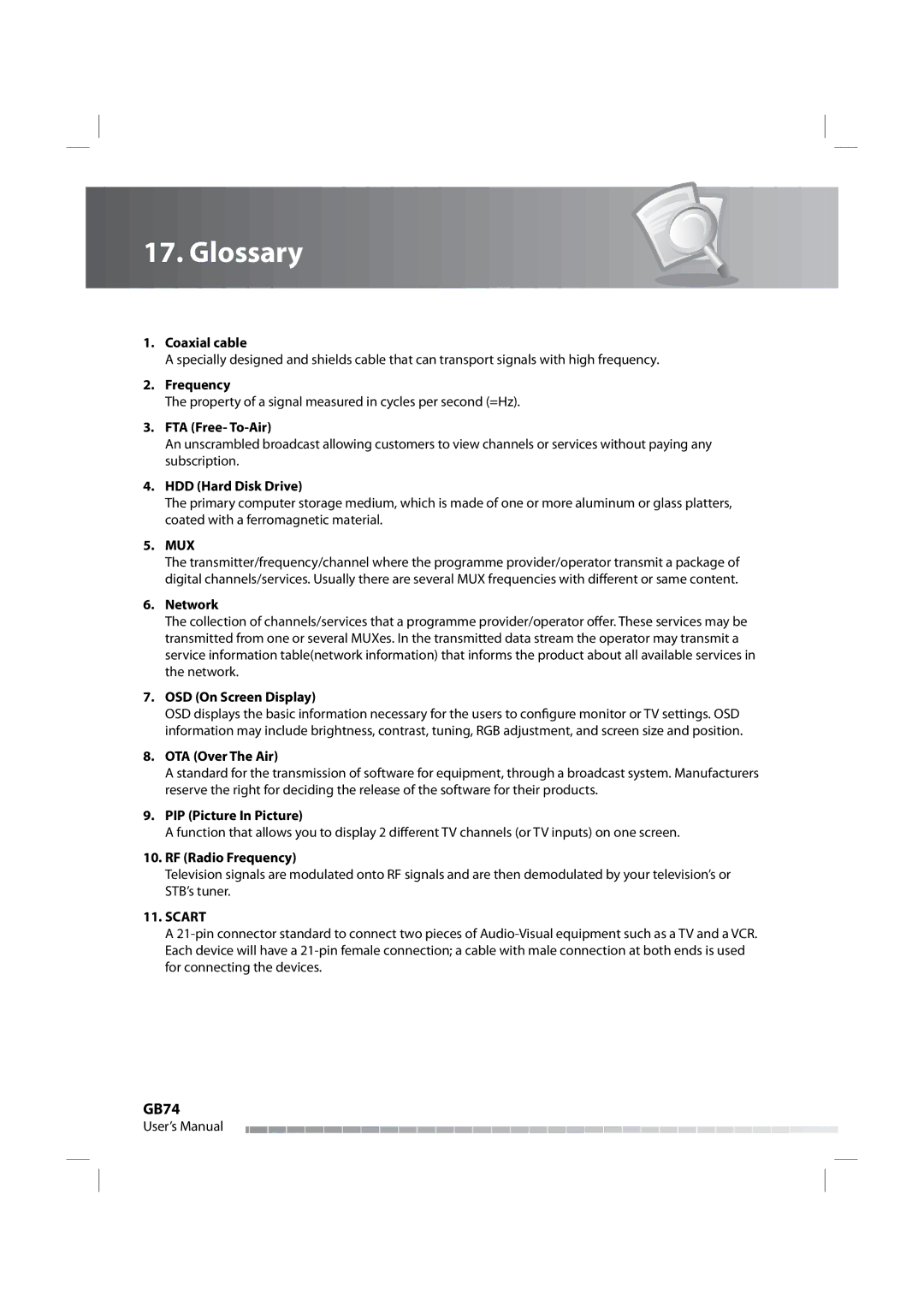 Humax iPVR-9200C manual Glossary, GB74, Scart 