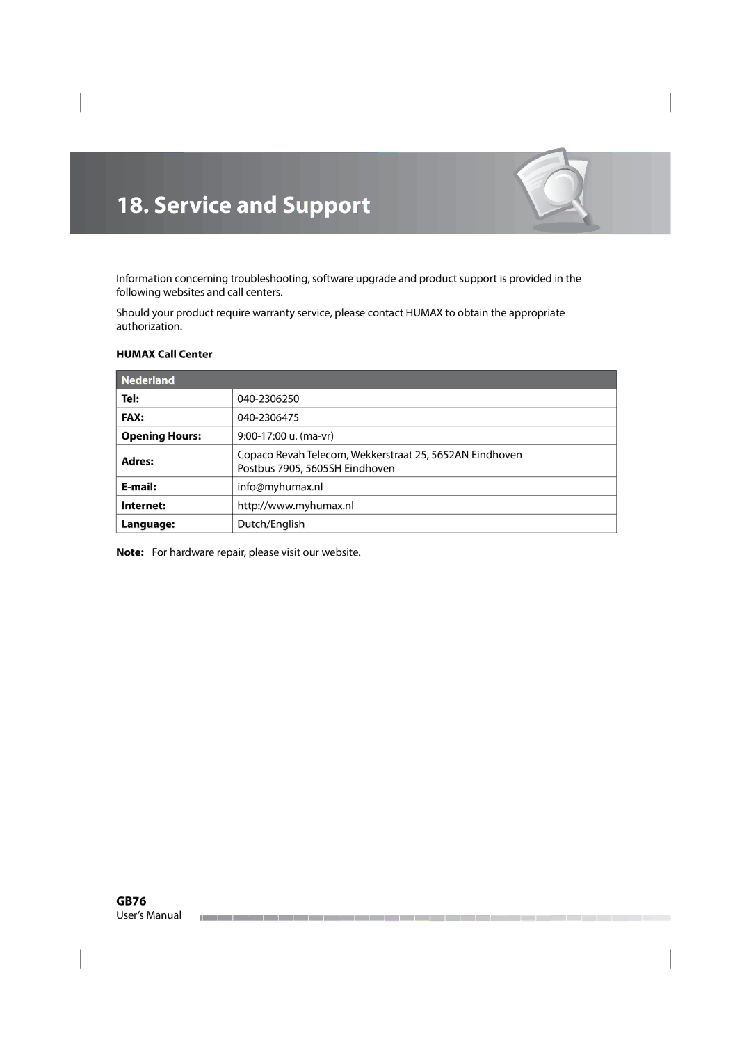 Humax iPVR-9200C manual Service and Support, GB76, Fax 