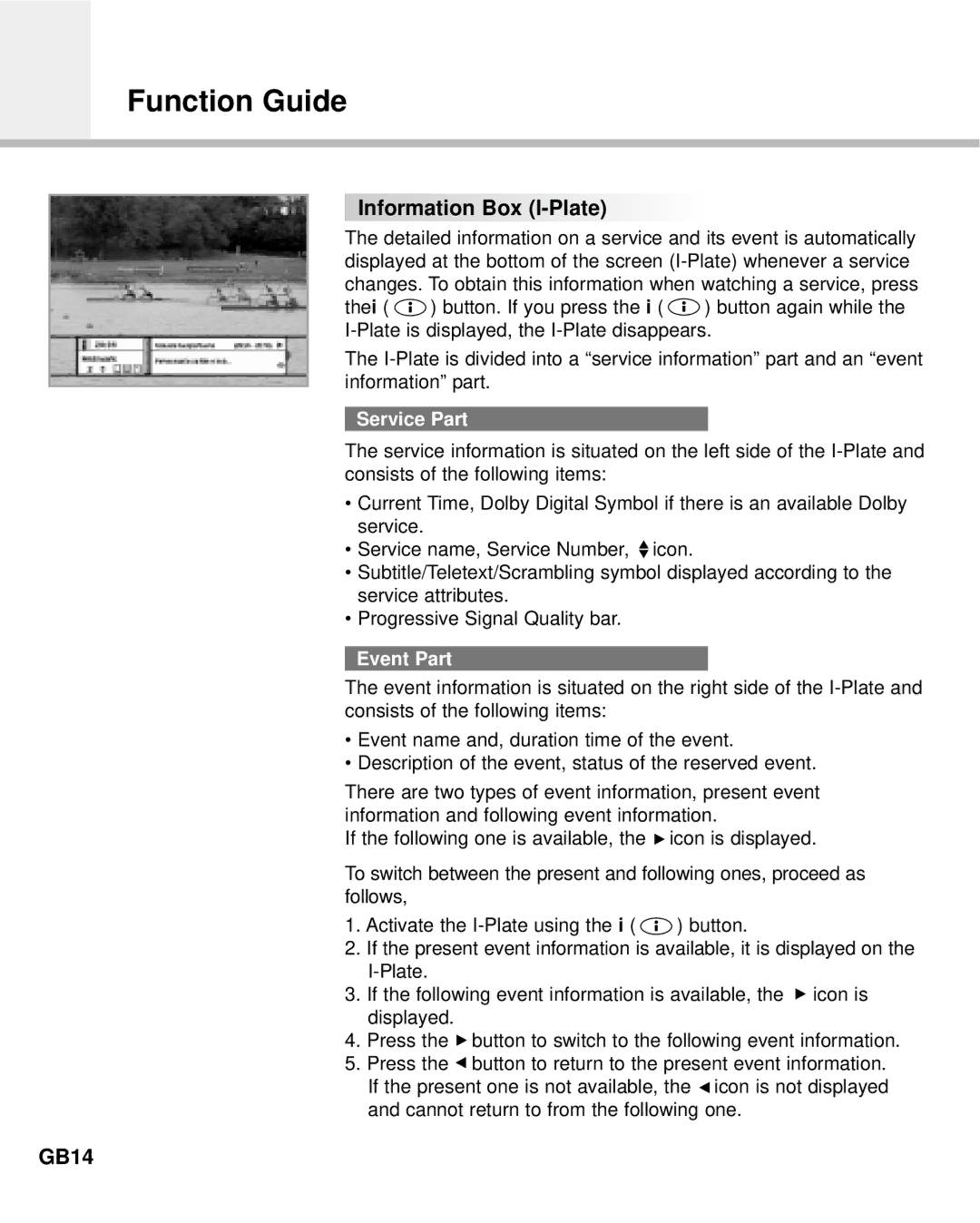 Humax IR-ACE M manual Function Guide, Information Box I-Plate, GB14, Service Part, Event Part 