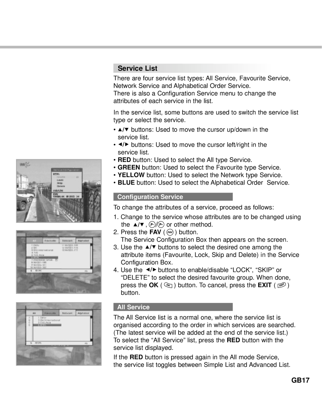 Humax IR-ACE M manual Service List, GB17, Configuration Service, All Service 