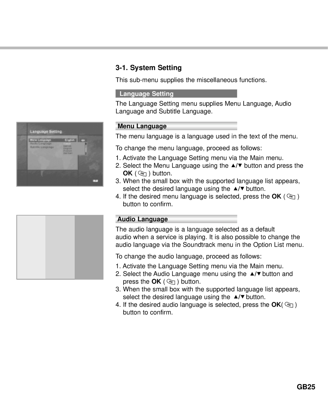 Humax IR-ACE M manual System Setting, GB25, Language Setting, Menu Language, Audio Language 