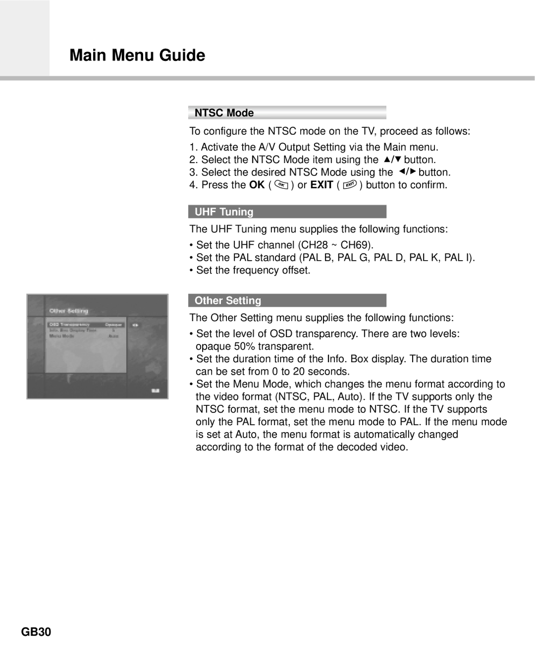 Humax IR-ACE M manual GB30, Ntsc Mode, UHF Tuning, Other Setting 