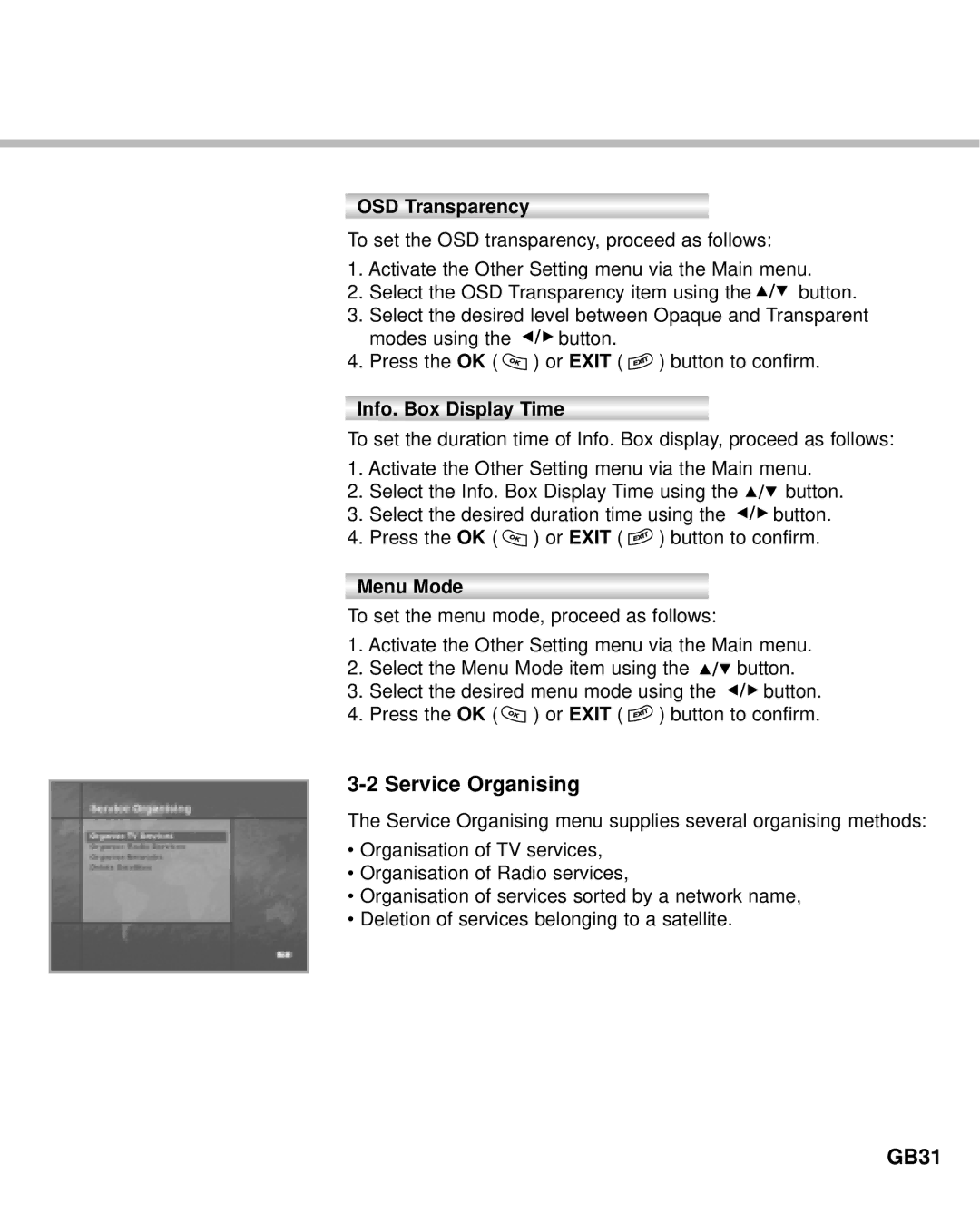 Humax IR-ACE M manual Service Organising, GB31, OSD Transparency, Info. Box Display Time, Menu Mode 