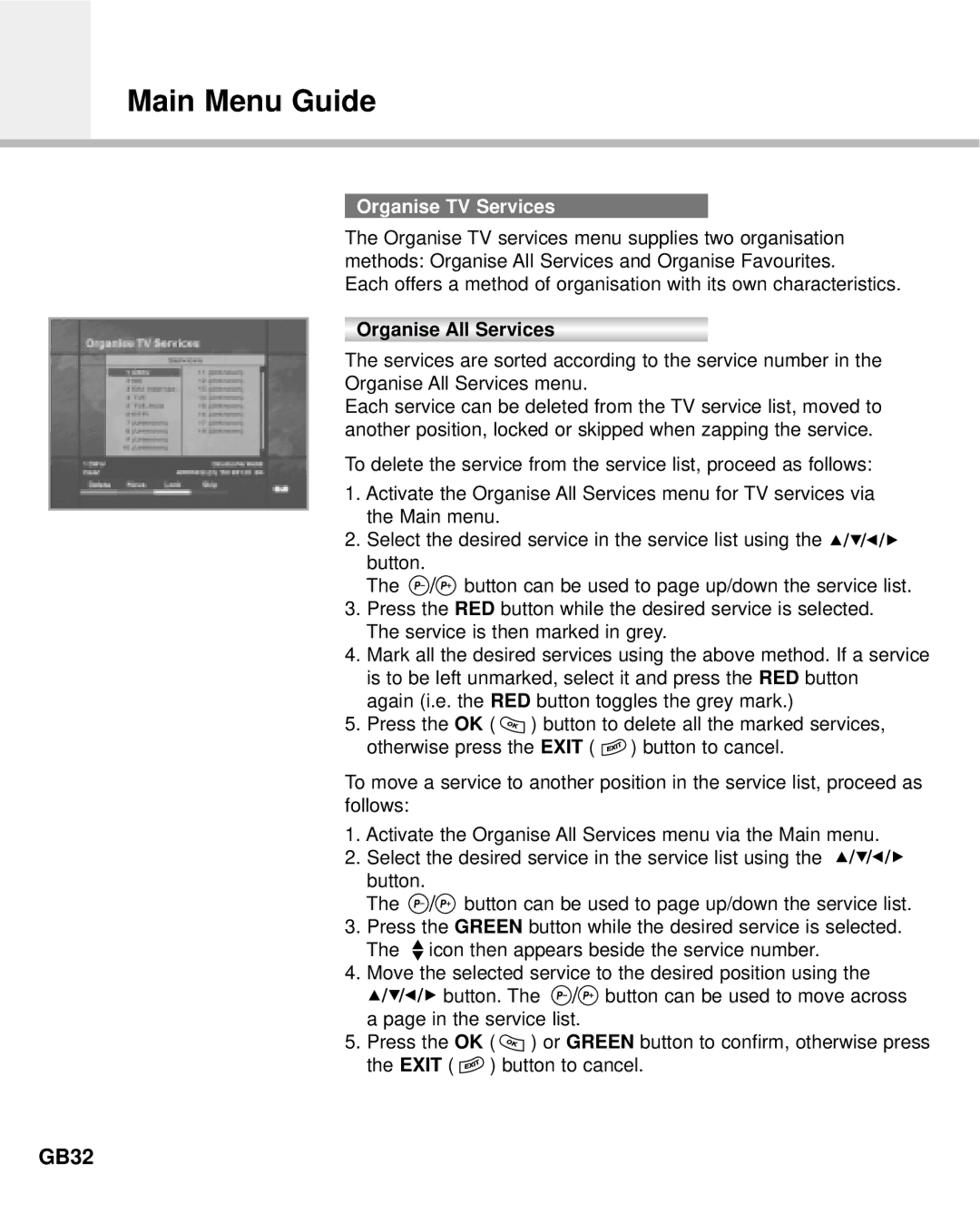 Humax IR-ACE M manual GB32, Organise TV Services, Organise All Services 