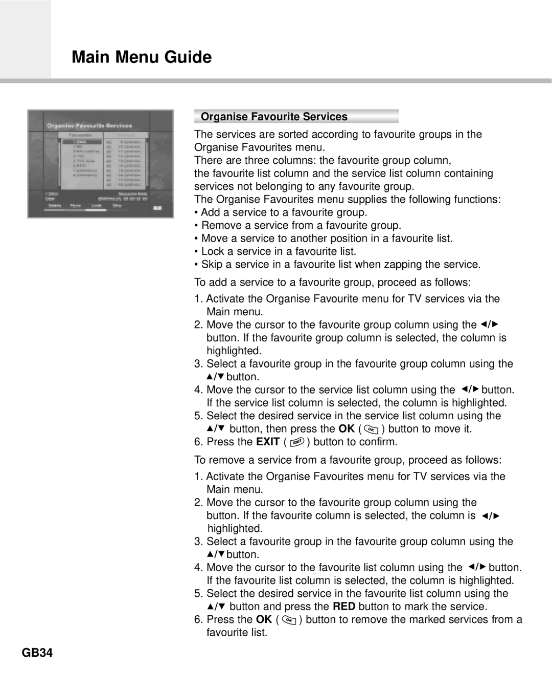 Humax IR-ACE M manual GB34, Organise Favourite Services 