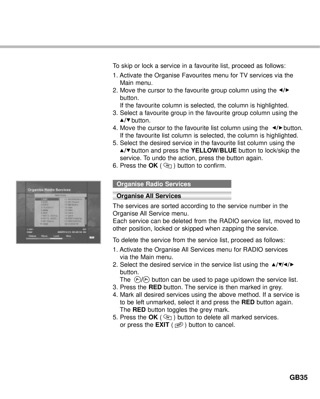 Humax IR-ACE M manual GB35, Organise Radio Services 