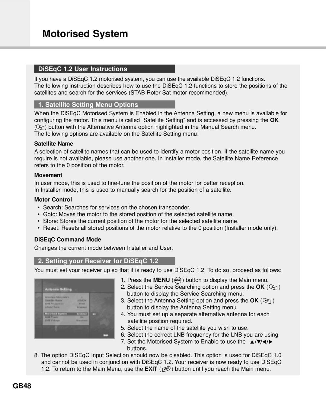 Humax IR-ACE M manual Motorised System, GB48, DiSEqC 1.2 User Instructions, Satellite Setting Menu Options 