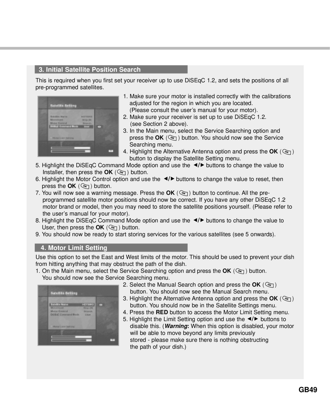 Humax IR-ACE M manual GB49, Initial Satellite Position Search, Motor Limit Setting 