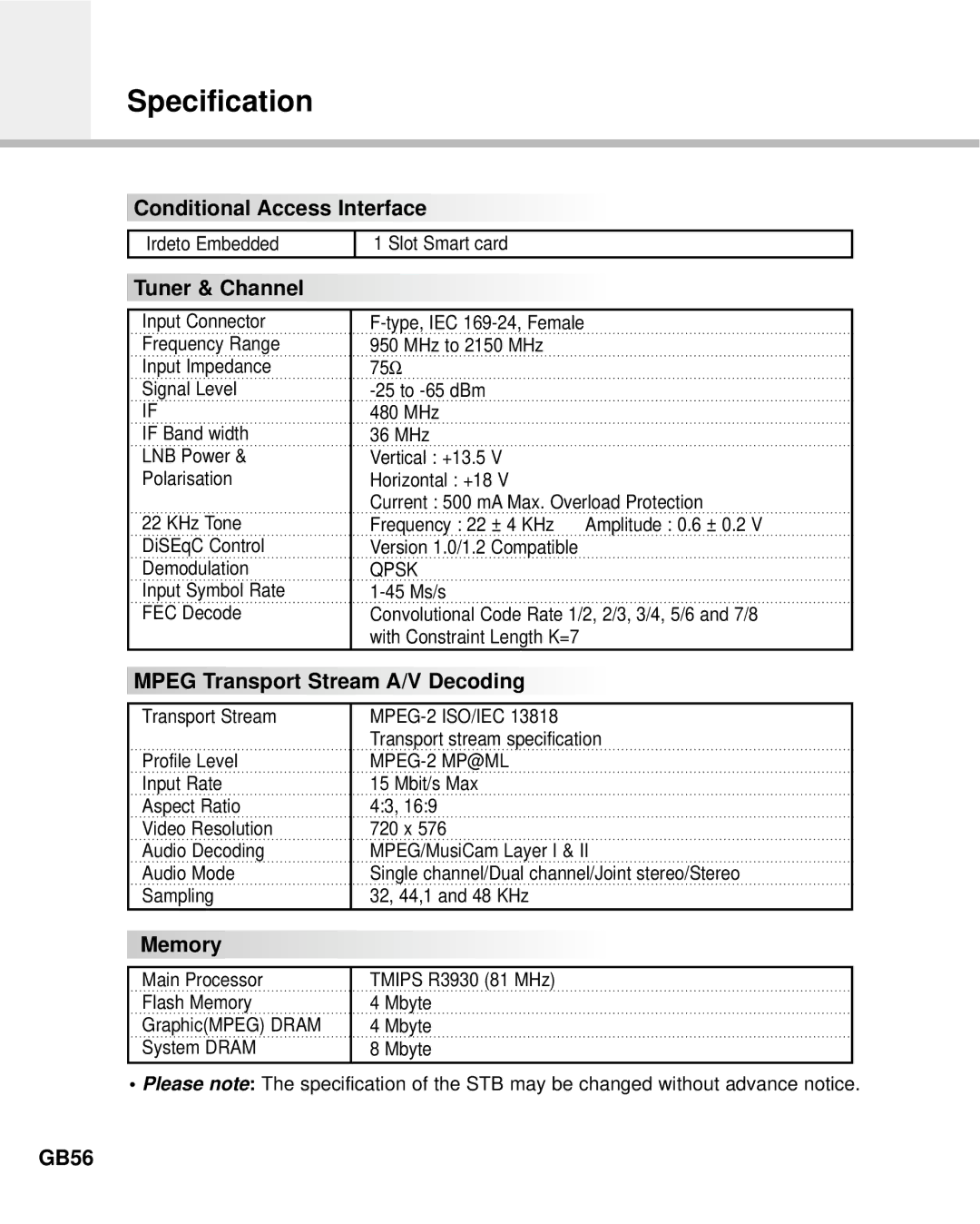 Humax IR-ACE M manual Specification 