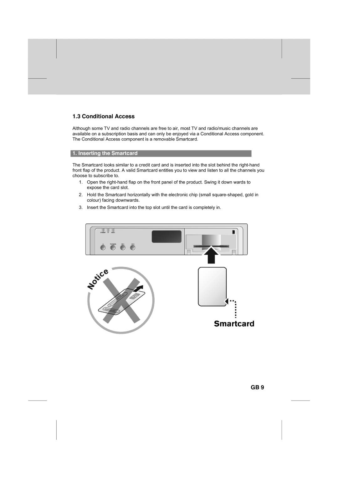 Humax IR-FOX C manual Conditional Access, Inserting the Smartcard 