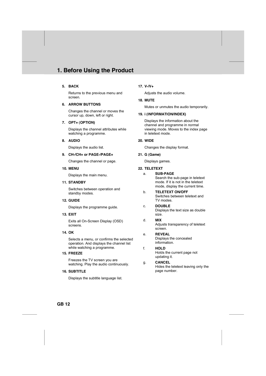 Humax IR-FOX C manual Back, Arrow Buttons, OPT+ Option, Audio, Standby, Guide, Freeze, Subtitle, Teletext 