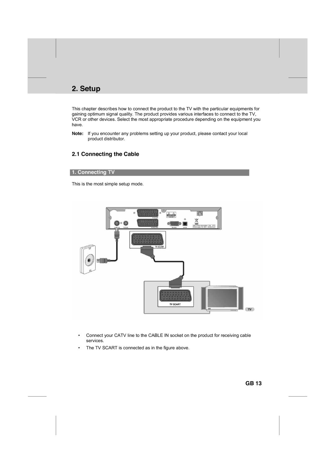 Humax IR-FOX C manual Setup, Connecting the Cable, Connecting TV 