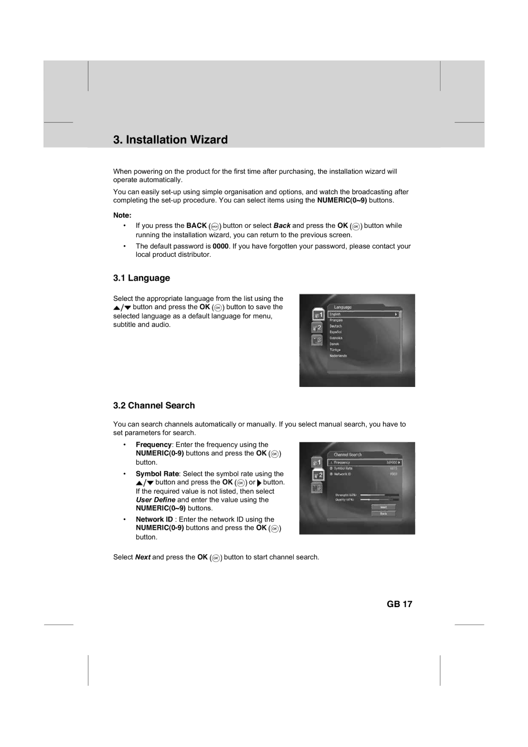 Humax IR-FOX C manual Installation Wizard, Language, Channel Search, NUMERIC0~9 buttons 