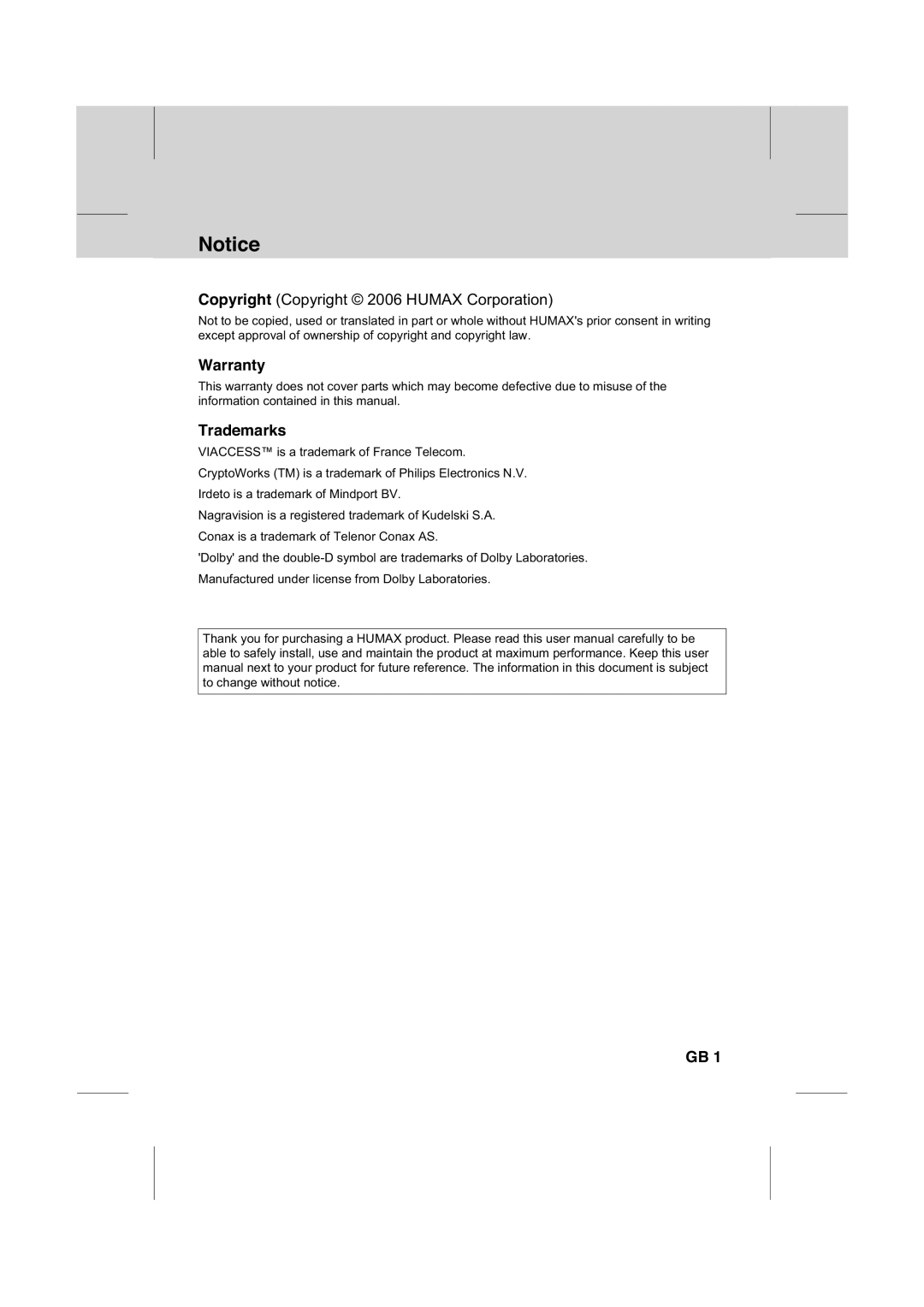 Humax IR-FOX C manual Warranty, Trademarks 