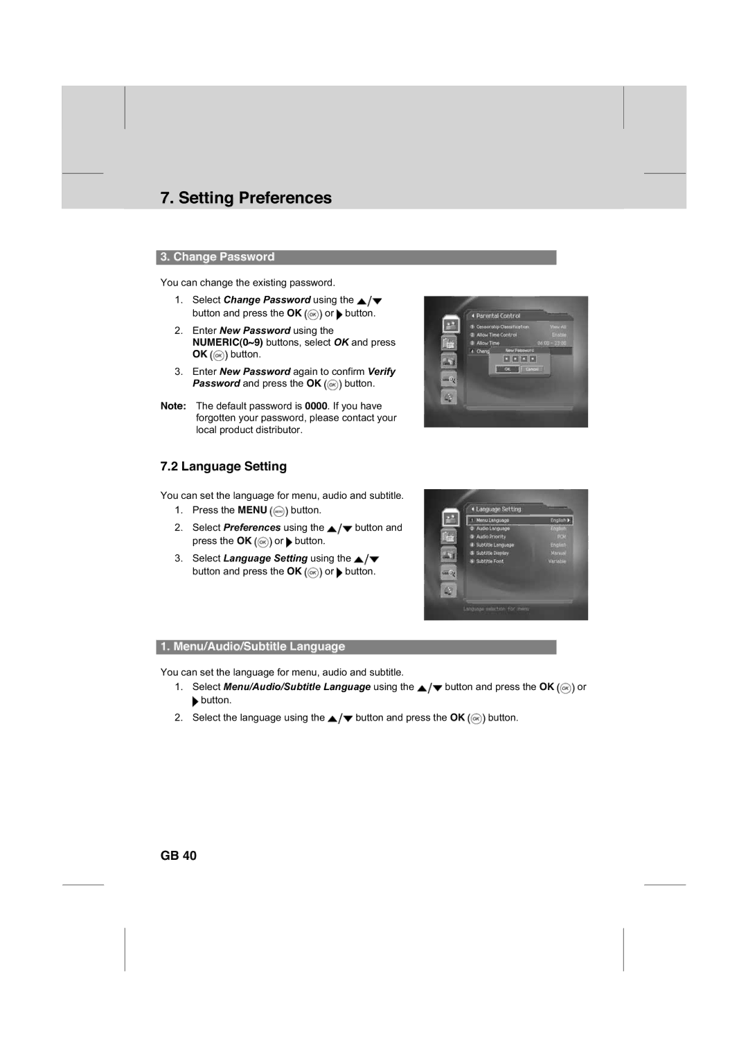 Humax IR-FOX C manual Language Setting, Change Password, Menu/Audio/Subtitle Language 