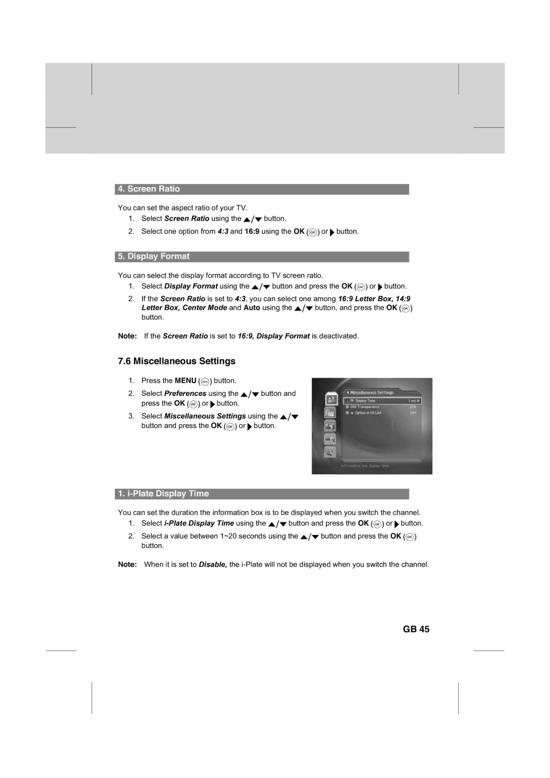 Humax IR-FOX C manual Miscellaneous Settings, Screen Ratio, Display Format, Plate Display Time 