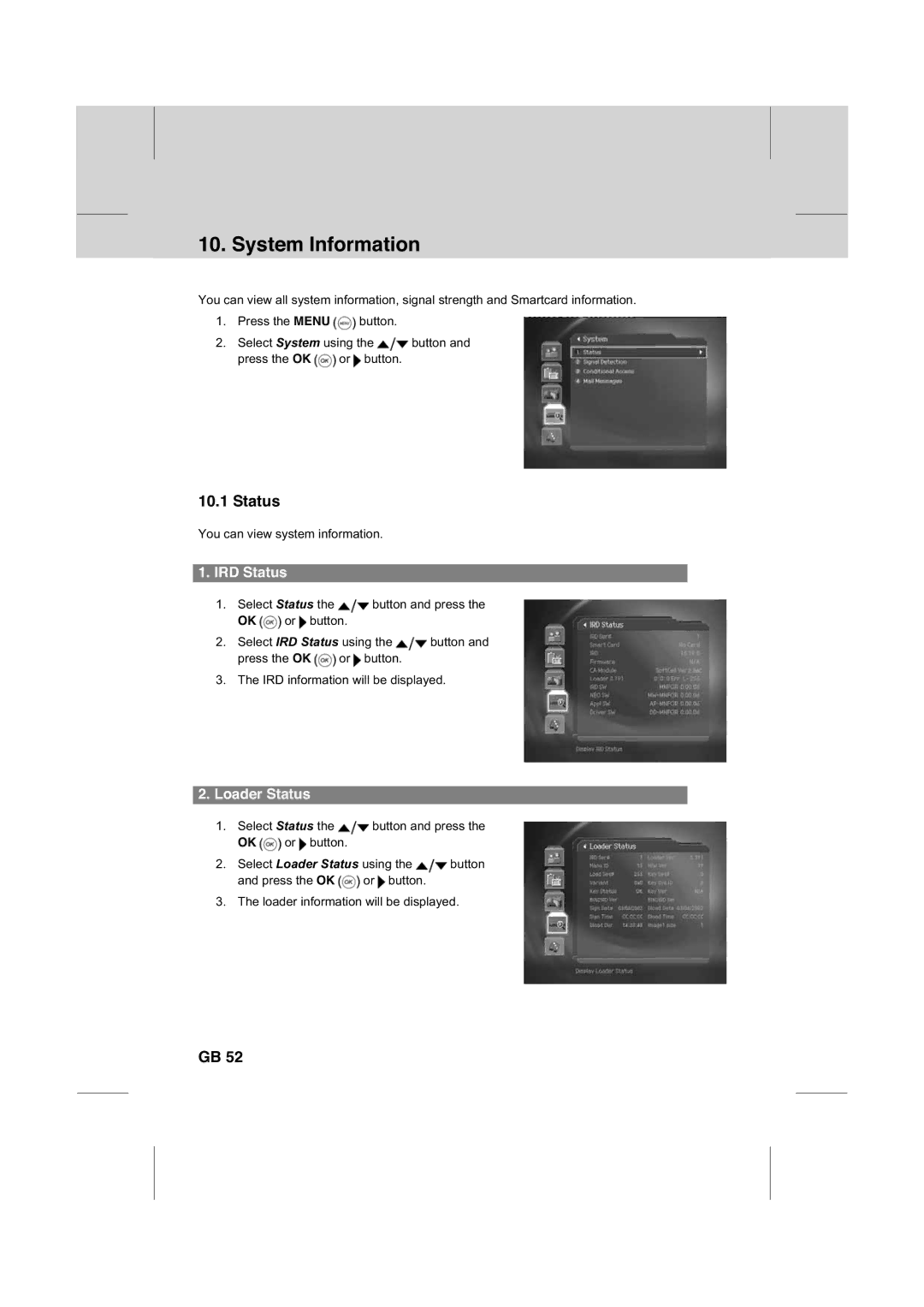 Humax IR-FOX C manual System Information, IRD Status, Loader Status 