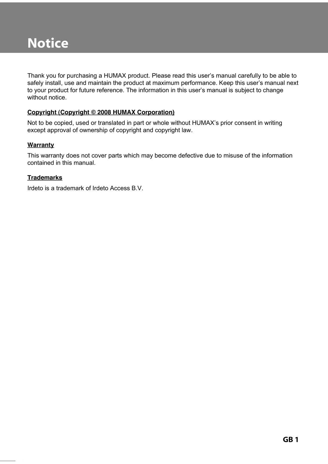 Humax IR-TWIN, IR-FREE, IR-ACE II manual Copyright Copyright 2008 Humax Corporation, Warranty, Trademarks 