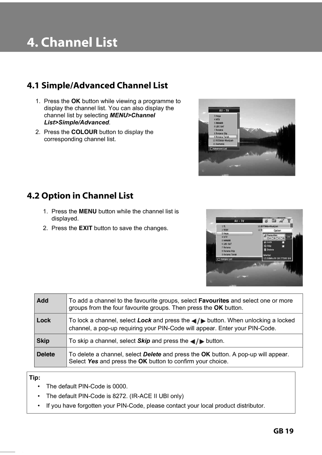 Humax IR-TWIN, IR-FREE, IR-ACE II manual Add, Lock, Skip, Delete, Tip 