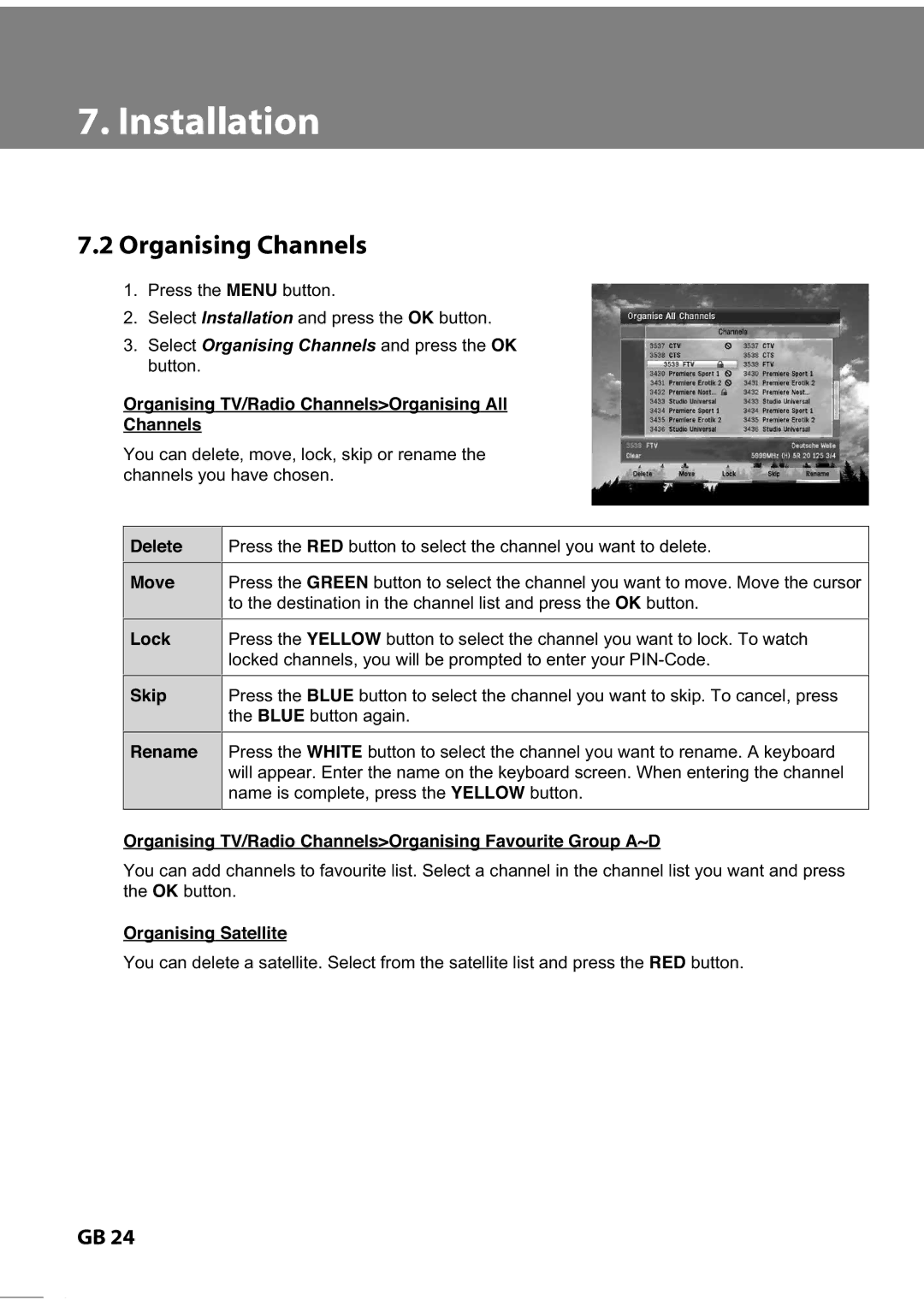 Humax IR-ACE II, IR-FREE, IR-TWIN manual Organising TV/Radio ChannelsOrganising All, Move, Rename, Organising Satellite 