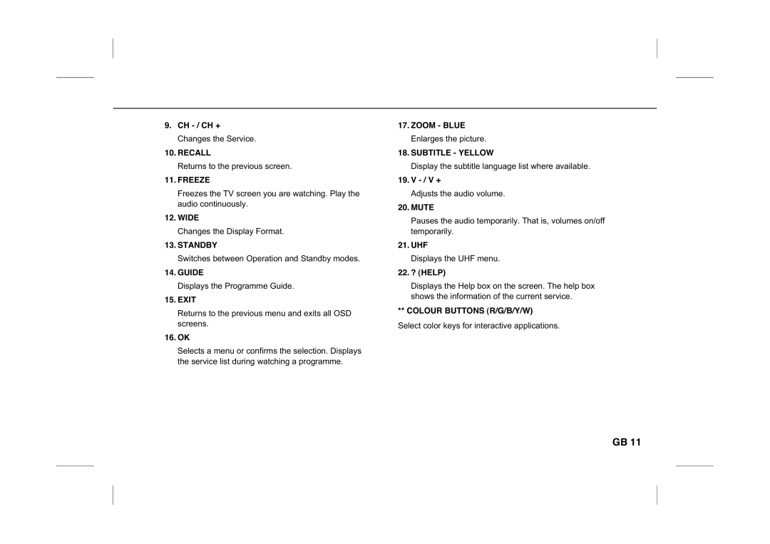 Humax IR-PLUS manual Recall, Freeze, Standby, Guide, Zoom Blue, Subtitle Yellow, Colour Buttons R/G/B/Y/W 