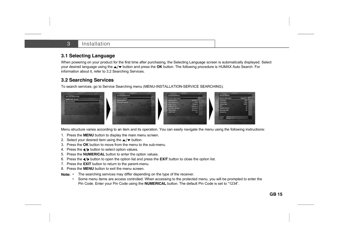 Humax IR-PLUS manual Selecting Language, Searching Services 