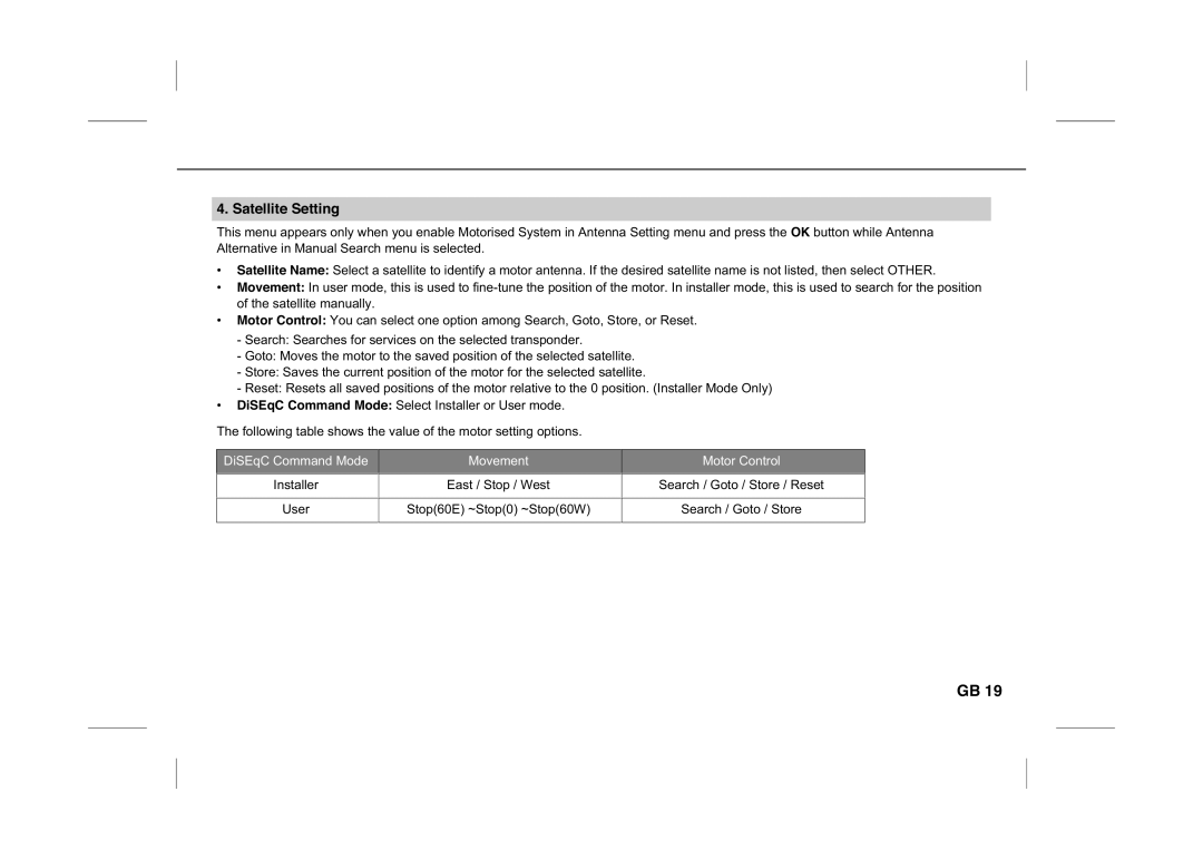 Humax IR-PLUS manual Satellite Setting, DiSEqC Command Mode Movement Motor Control 