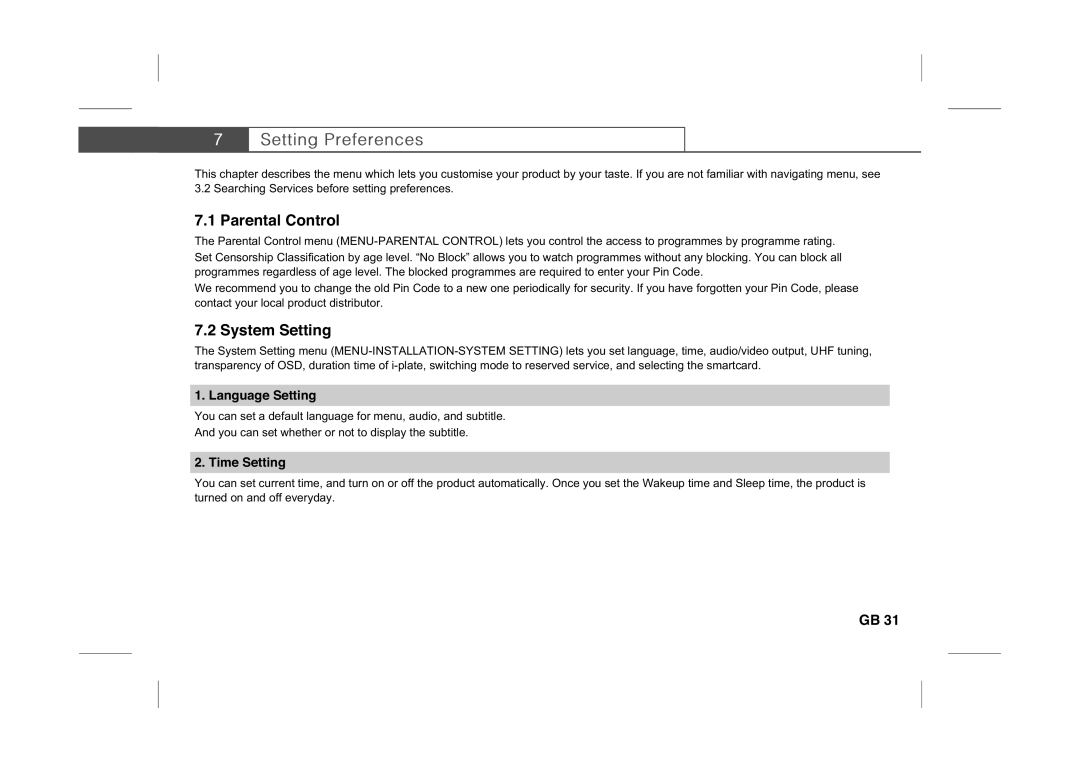 Humax IR-PLUS manual Parental Control, System Setting, Language Setting, Time Setting 