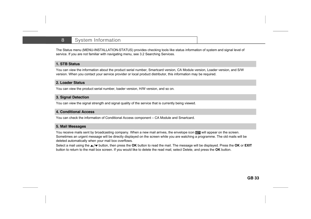 Humax IR-PLUS manual STB Status, Loader Status, Signal Detection, Conditional Access, Mail Messages 