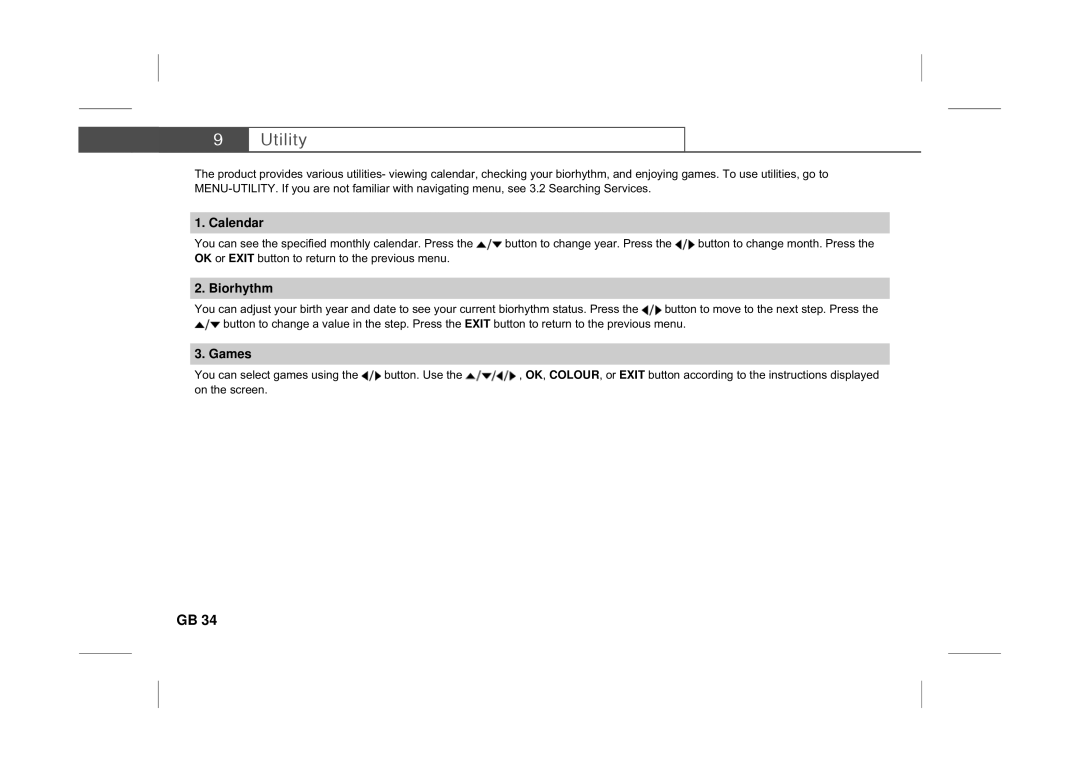 Humax IR-PLUS manual Calendar, Biorhythm, Games 