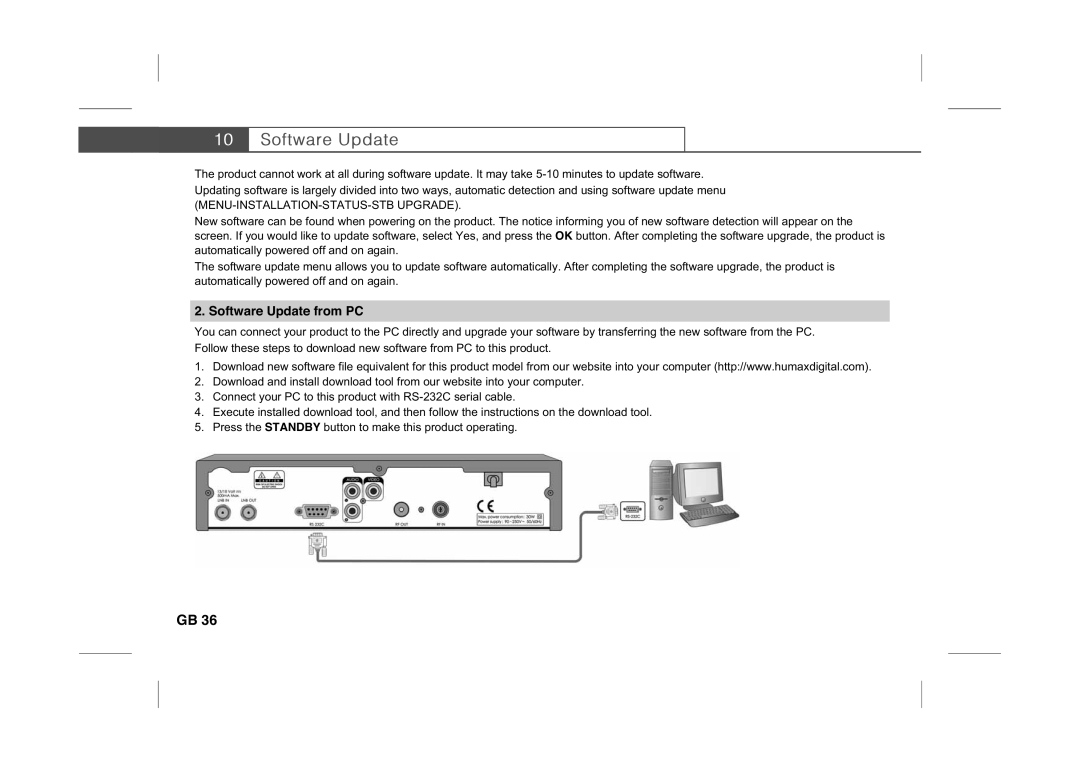 Humax IR-PLUS manual Software Update from PC, MENU-INSTALLATION-STATUS-STB Upgrade 