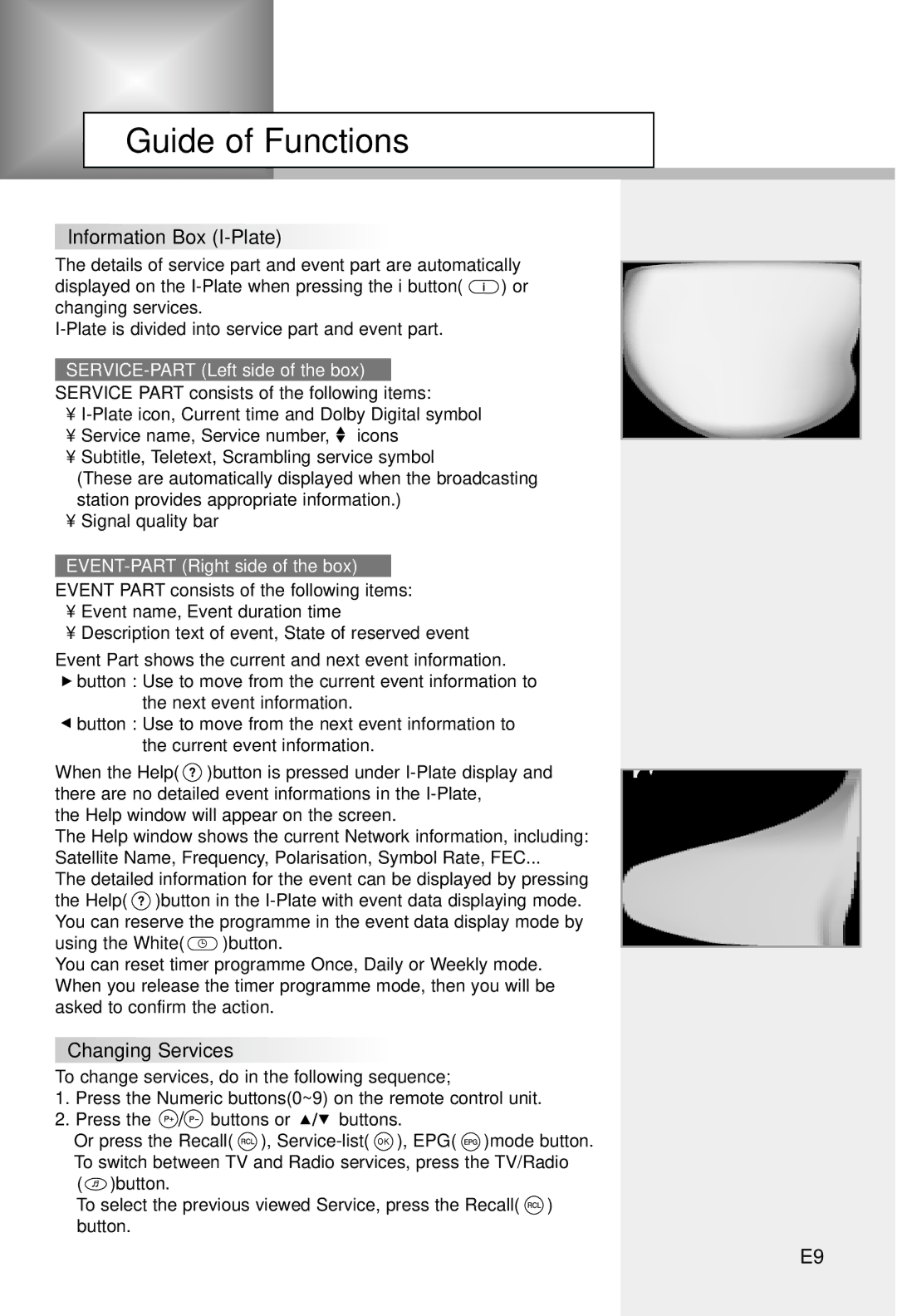 Humax IRCI-5400Z manual Guide of Functions, Information Box I-Plate, Changing Services, SERVICE-PART Left side of the box 