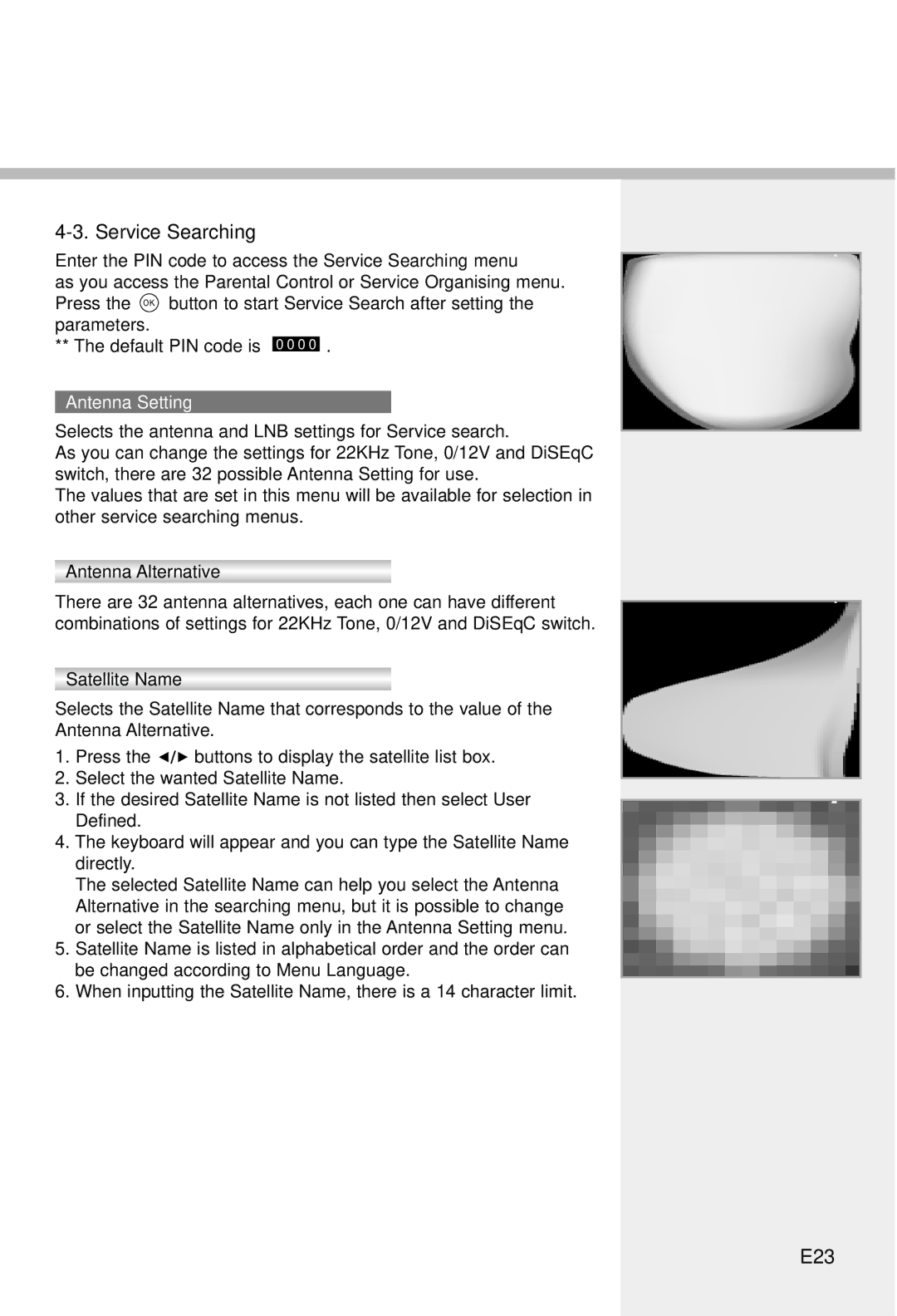 Humax IRCI-5400Z manual Service Searching, E23, Antenna Setting, Antenna Alternative, Satellite Name 