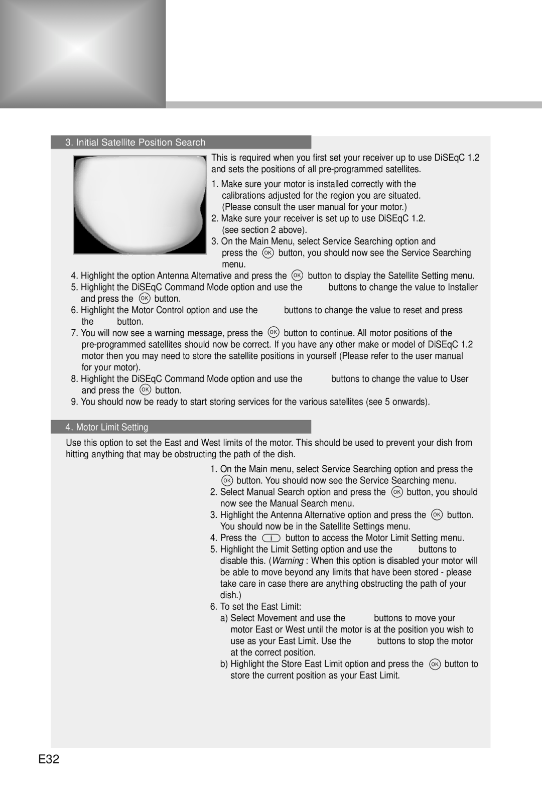 Humax IRCI-5400Z manual E32, Initial Satellite Position Search 